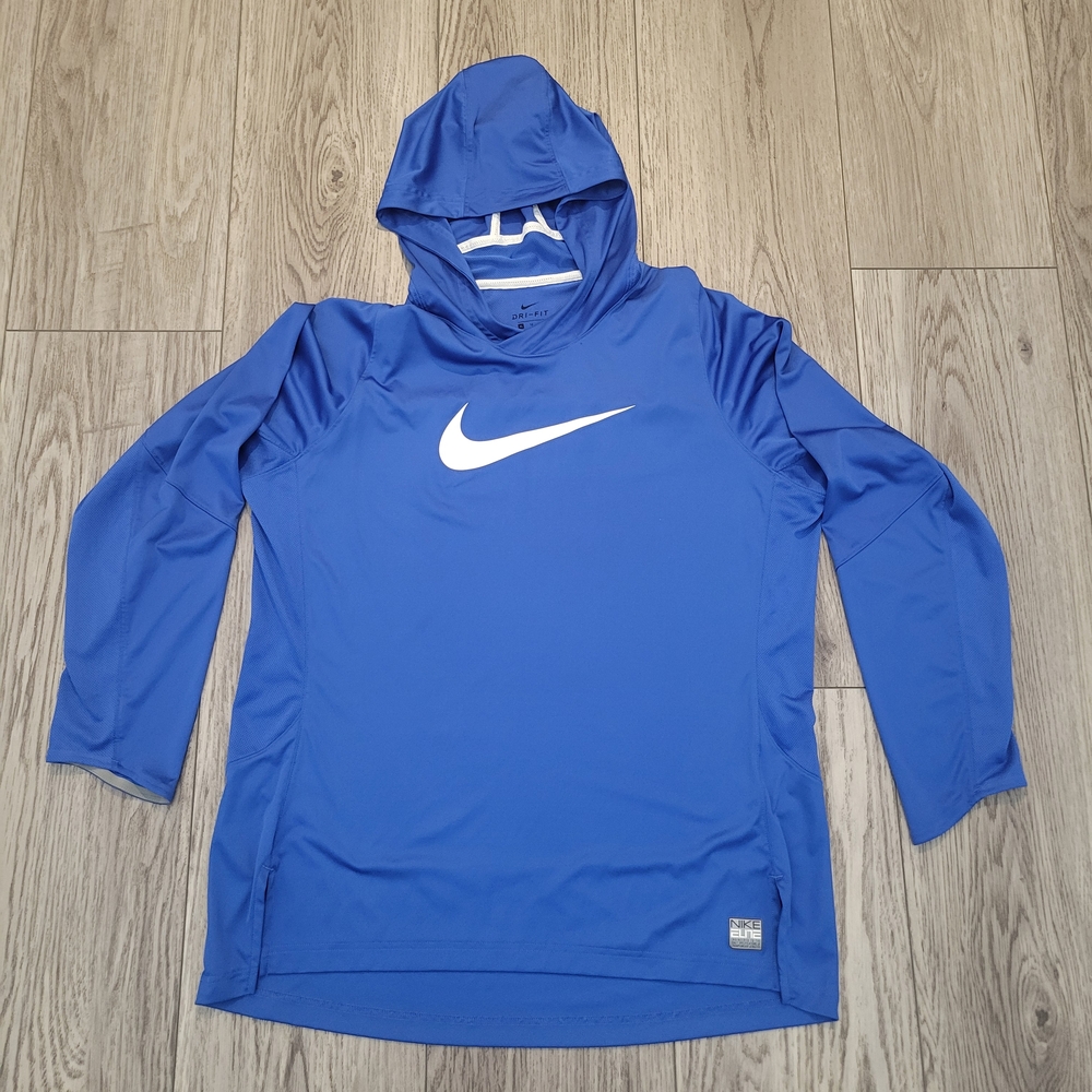 Nike Men's Blue Long Sleeve Shirt With Hood and Swoosh White Logo